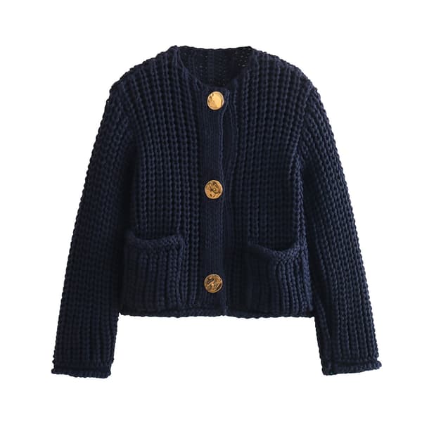 Women's Short Sleeve Cardigan Thick Knit Solid Color Single-Breasted with Double Pockets European and American Style