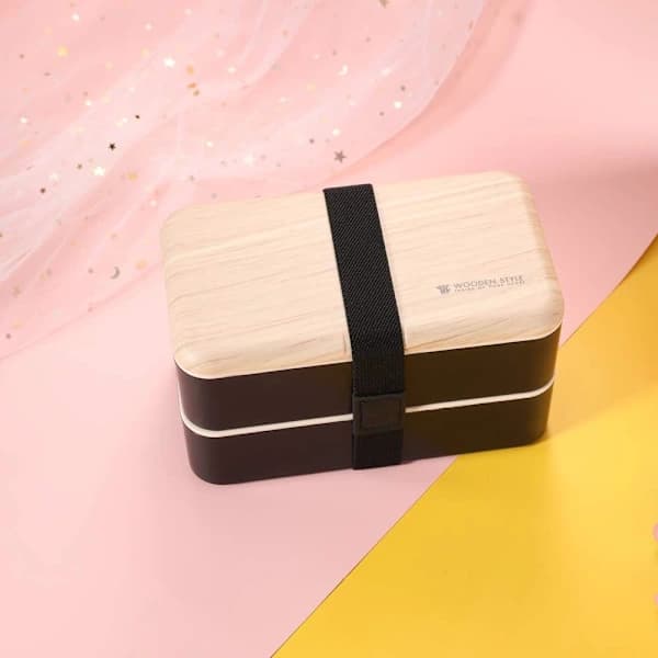 Bento Lunch Box with 2 Stackable Compartments and Cutlery, Japanese Style Meal Prep Container for Work or School, Black