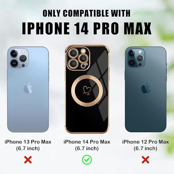 (Svart) Deksel til iPhone 14 Pro Max, Søtt Hjerteformet Magnetisk Deksel med Gullbelagt Kant, Støtsikkert Silikondeksel