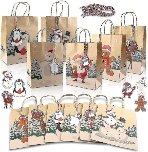 Julklappspåsar, 24 st Kraft Julklappspåsar, Julklappspåsar för Julgodisgåvor