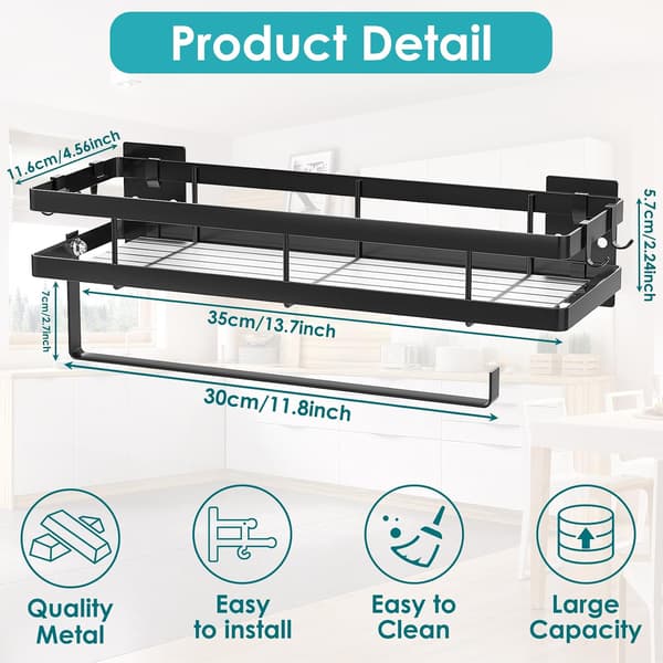 Wall-mounted spice rack for kitchen without drilling, spice shelf with roll holder and 4 hooks, spice rack, 35 cm, black