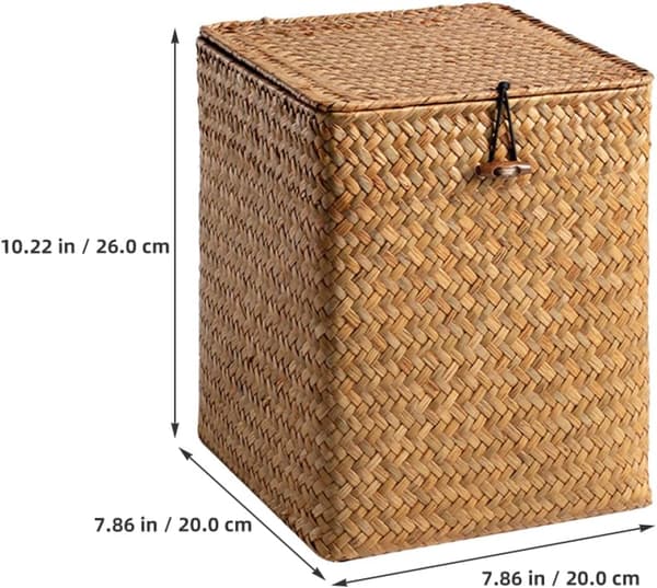 Khaki Straw Woven Storage Box with Lid, Multifunctional Desktop Organization Box for Small Items and Fruit