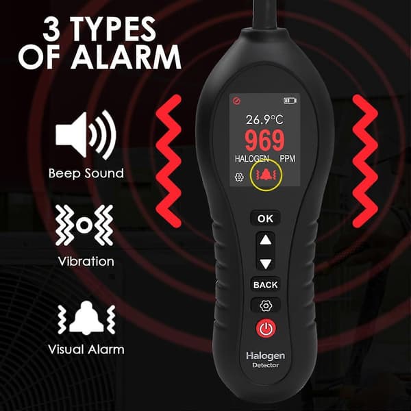 Refrigerant Leak Detector with Flexible Gooseneck Probe, Multi-Mode Alarm for HVAC and Automotive