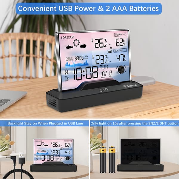 Geevon Trådløst Indendørs/Udendørs Termometer, Farvedisplay, Barometer, Kalender - CJY Sort