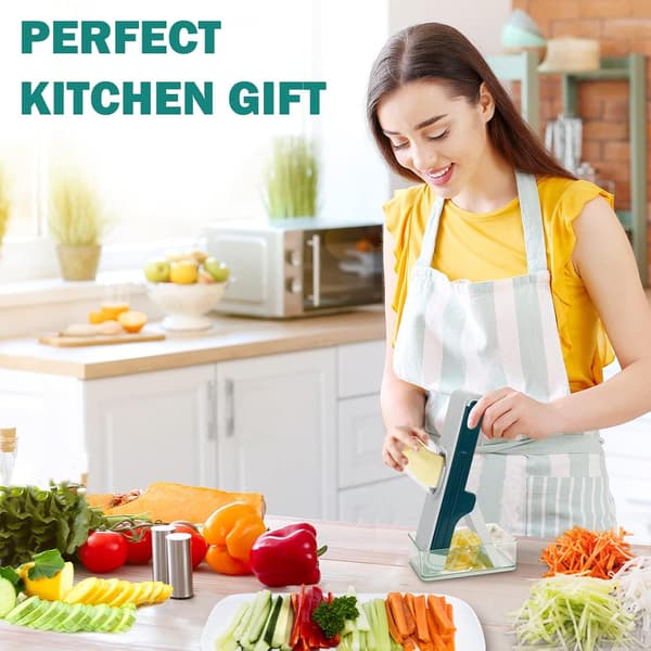 Safe Mandoline Kitchen Slicer, Potato Cutter, Vegetable Chopper with 4 Cutting Modes for Slicing, Grating, Shredding Grey Blue Grey Blue