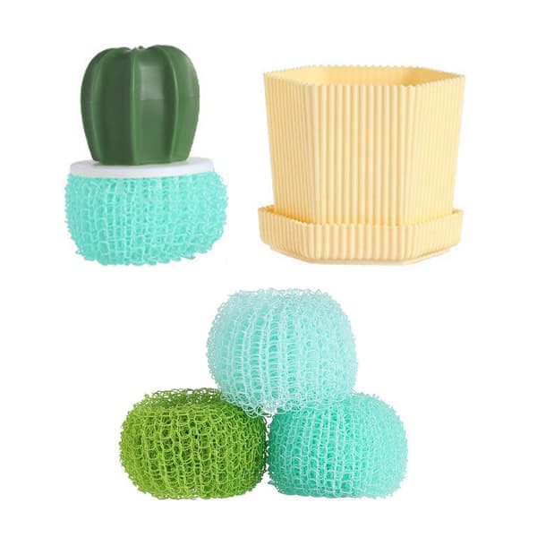 Creative Cactus-Shaped Dish Brush, Yellow Pot Green Brush, 3 Green Gradient Refill Balls, Kitchen Scrubber