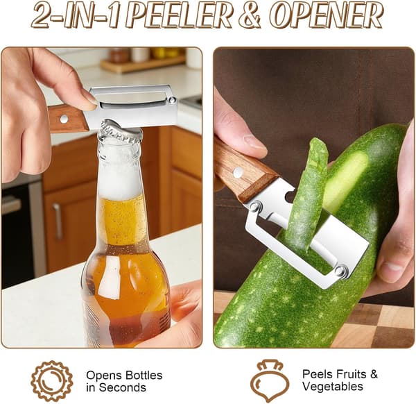 Multifunctional Kitchen Peeler with Wooden Handle, 3-in-1 Fruit and Vegetable Peeler, Includes Bottle Opener and Grater.