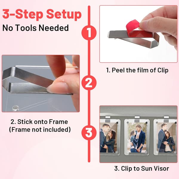 8 stk. solskærmclips i rustfrit stål med klæbemiddel, DIY billedclips til brugerdefinerede udstillinger (fotorammer medfølger ikke) Hold biltilbehør