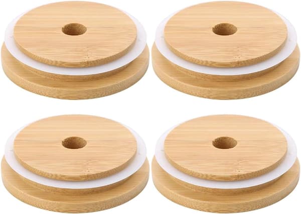 4-pack 86 mm bred öppning Bambu Mason Jar Lock med Sugrörshål Återanvändbara Bambulock Läcksäkra Glas Konserverings Dricksförvaringsburkar Lock