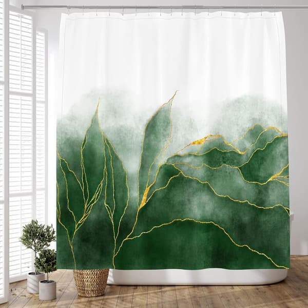 Grønt og gull Ombre marmor dusjforheng, moderne baderomsdekor, smaragdgrønt gullstoff, vanntett polyester 72x72 tommer