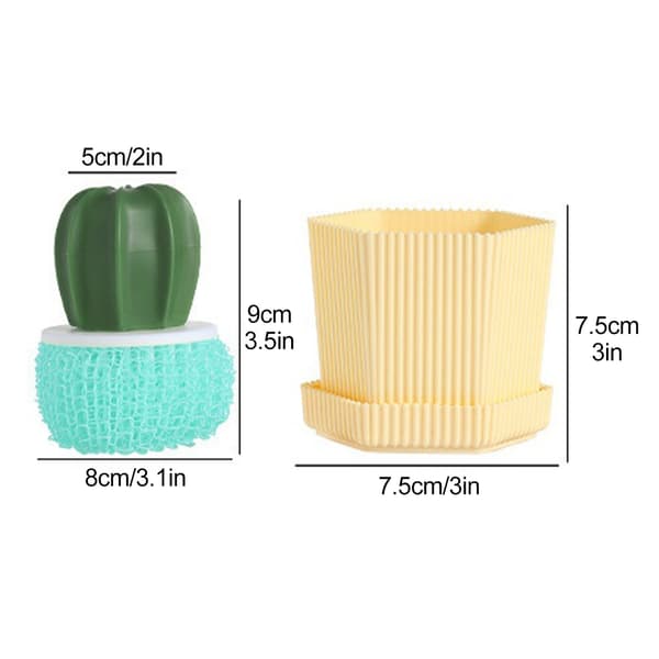 Creative Cactus-Shaped Dish Brush, Yellow Pot Green Brush, 3 Green Gradient Refill Balls, Kitchen Scrubber