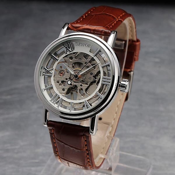Automatisk mekanisk herrklocka med PU-armband (Vit+Brun)