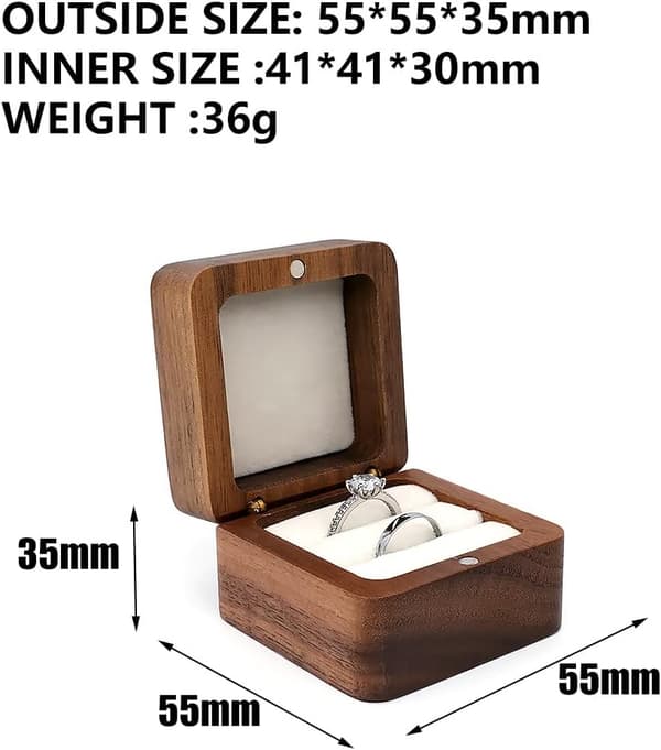 Square Wooden Ring Box for 2 Rings, Handmade Jewelry Storage Box, E