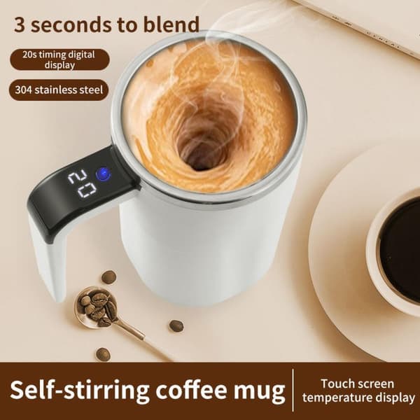 White Magnetic Self-Stirring Coffee Mug, Refillable with Sliding Lid, Automatic Magnetic Mixing Mug, Electric Magnetic Mixing