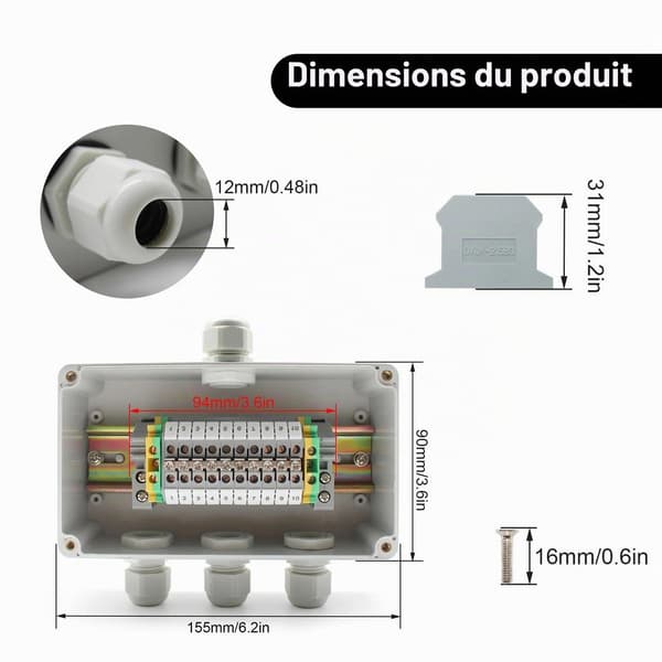 IP66 Waterproof Junction Box, 1 inch 3 Outlets, with DIN Rail Terminal Block, Universal Terminal Block Kit, Suitable for Automation Projects