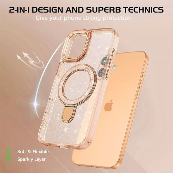 BOOLING Protective Case - For iPhone 17 - With Adjustable Magnetic Gold Ring - 2 Gold Tempered Glass Screen Protectors