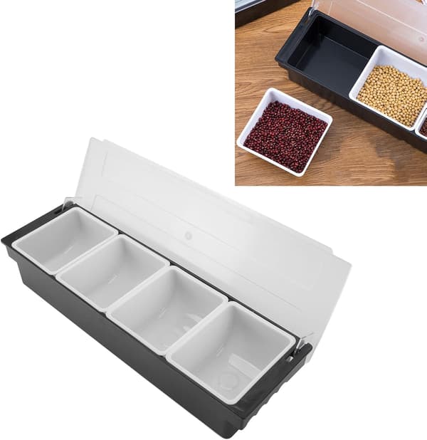 Iskold krydderihylde servering, krydderibakke krydderidispenser serveringsbeholder iskold krydderikrukke arrangør salatfad (4 rum)
