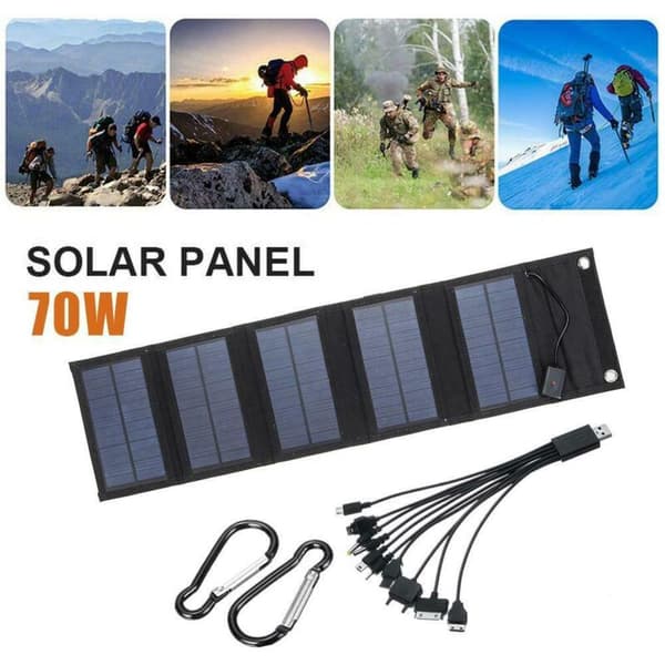 70W foldbar solpaneloplader med 5V DC-udgang (10 stik) og USB-port, bærbar kraftstation