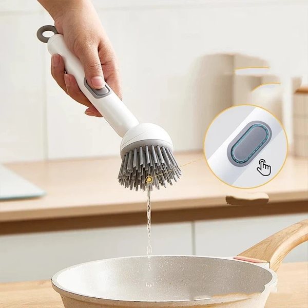 Refillable Dish Brush with Long Handle and Soap Dispenser white