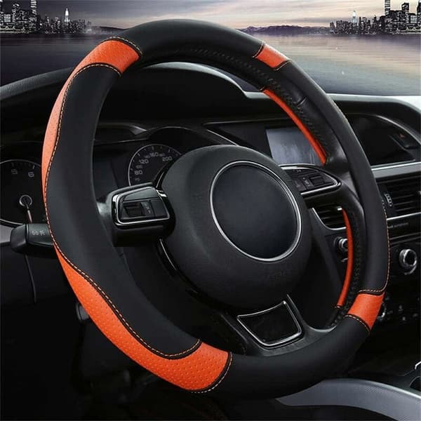 Microfiber Leather Car Steering Wheel Cover, Universal, 37-38 cm / 15\", Non-slip, Breathable, Durable (Orange)