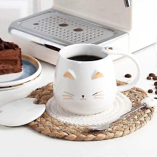 Ceramic Cat Mugs, Cat Mug, Cat Pattern, Cute Ceramic Coffee Mug with Cute Cat Lid, Stainless Steel Spoon (White)