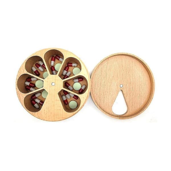 Pill Boxes with 7 Compartments Storage Box Solid Wood Compartment Weekly Medicine Tablet Dispenser Divider Pill Organizer
