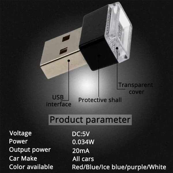 Stk USB bilinteriørbelysning, LED bilatmosfærebelysning, 7 farver Mini USB LED-lys, bærbare computere, mobil strøm