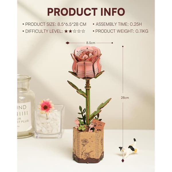 Dekorative kunstige blomster / 3D trepuslespill – Byggesett for voksne – Gave til kvinner (bursdag, valentinsdag) og interiør – Rose