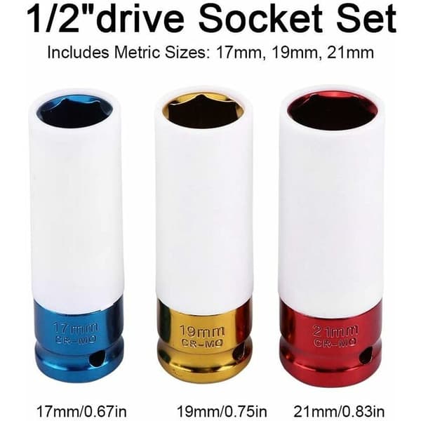 Wheel Socket, Set of 3 Impact Sockets for Aluminum Rims, 17, 19, 21 mm for Garage Workshop