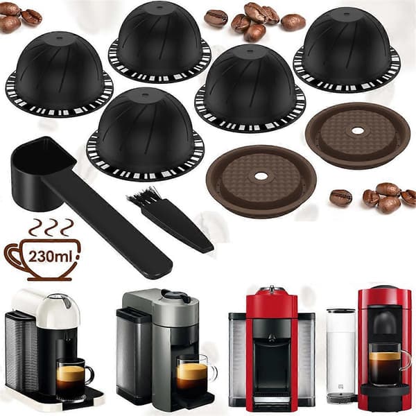 5 Pcs Reusable Vertuo Pods for Nespresso Machine, Coffee Capsule with 2 Silicone Lids, 1 Spoon and Brush