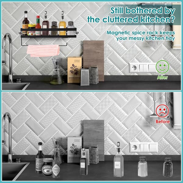 Wall-mounted spice rack for kitchen without drilling, spice shelf with roll holder and 4 hooks, spice rack, 35 cm, black