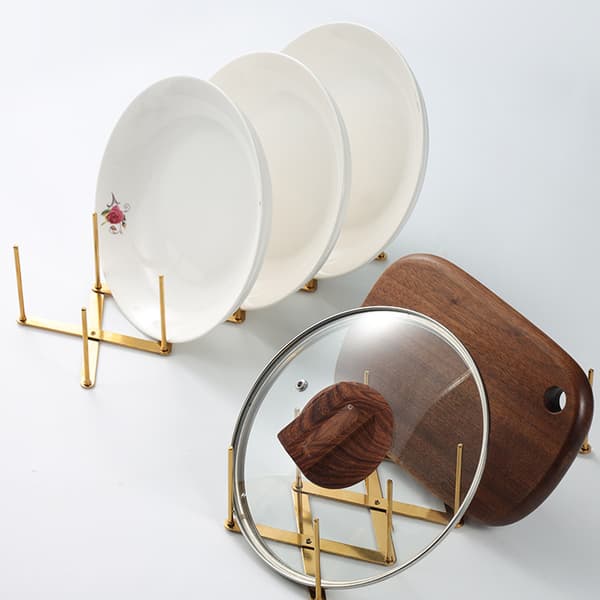 Stainless Steel Plate Rack, Gold, Extendable, Side Storage for Lids, Steamer Rack, Kitchen Organizer