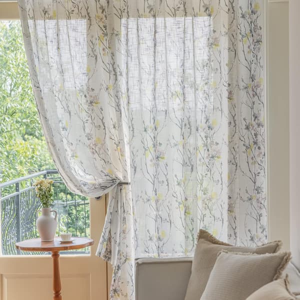 Gule Blomster Halvtransparente Gardiner Linnedtekstur til Stue 213 cm Lange 2 Paneler Stanglomme Tryk Sort Grå Blade Lys