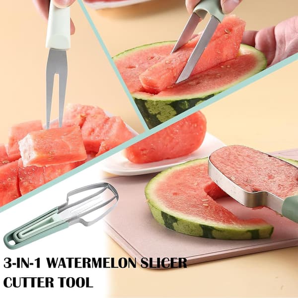 Watermelon Slicer Cutter Tool - 3-in-1 Stainless Steel Fruit Cutting Tool for Camping Kitchen Utensils (Green)