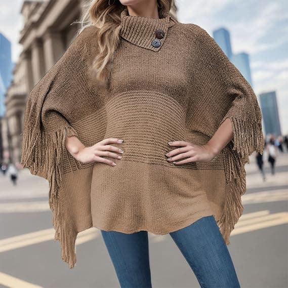 Women's Poncho Shawl, Oversized Winter Scarf, Knitted Poncho Pullover, Warm (Khaki)