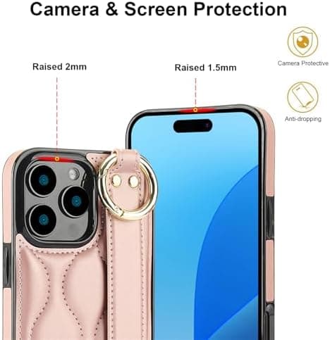 Apple iPhone 16 Pro Max Cover Sød med Håndledsrem Stativ til Kvinder Piger, PU Læder Håndledsbånd Telefonetui med Ring