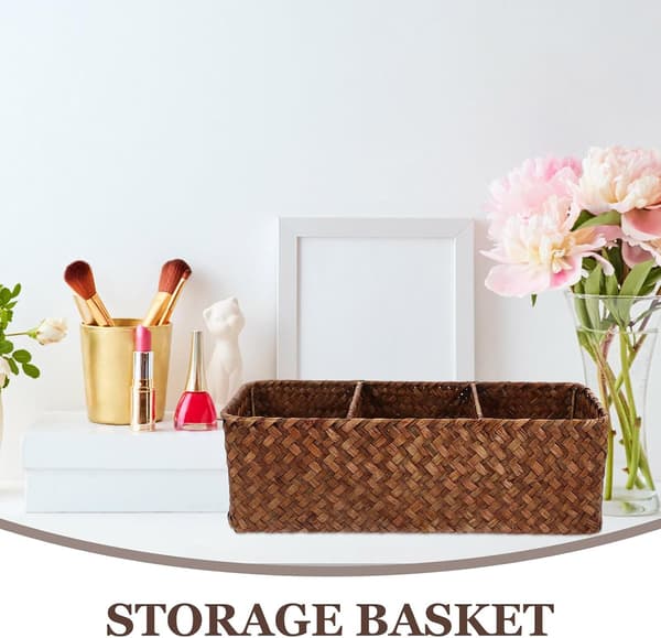 Woven Basket Desk Organizer 3-Compartment Basket Multifunctional Storage Container Khaki Simple
