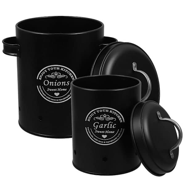 Rustic Jar Set for Kitchen Vegetable Storage Jars with Lids Metal Jars for Onion Garlic Potatoes Set Ventilation Holes Black 2 pcs