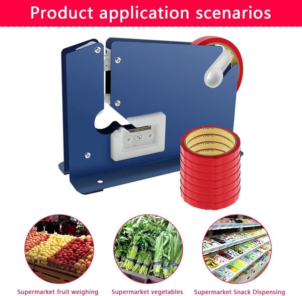 Poseforsegler med teip, metallkropp, sklisikker base, kutter i rustfritt stål, 10 ruller 12 mm teip for hjem, bakerier og supermarkeder