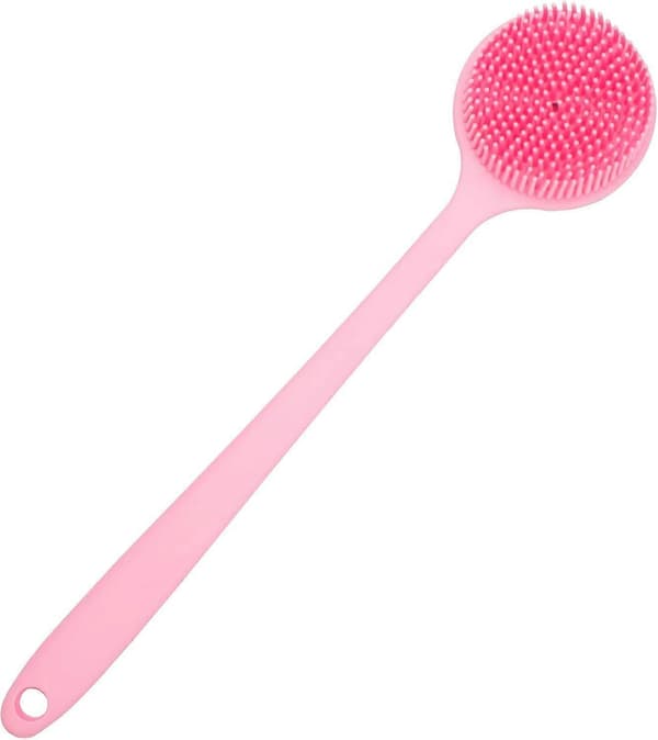 Silikone rygbørste til brusebad, blød badekropsbørste med langt håndtag (pink)