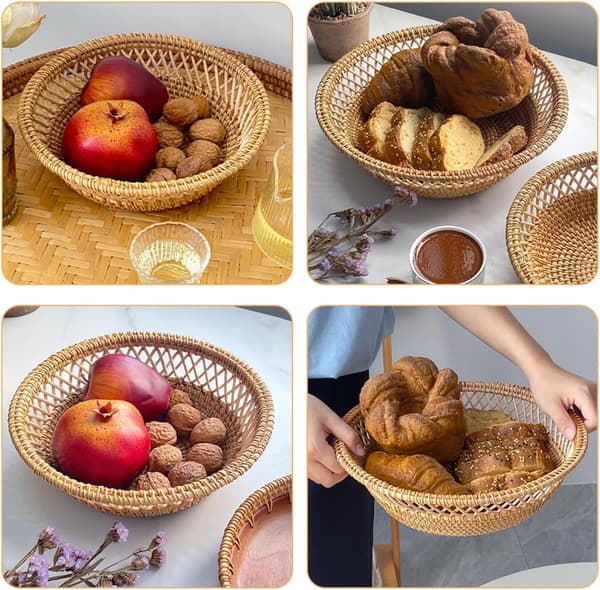 Woven Fruit Basket Small Round Bread Basket for Snacks and Serving on the Dining Table in the Living Room
