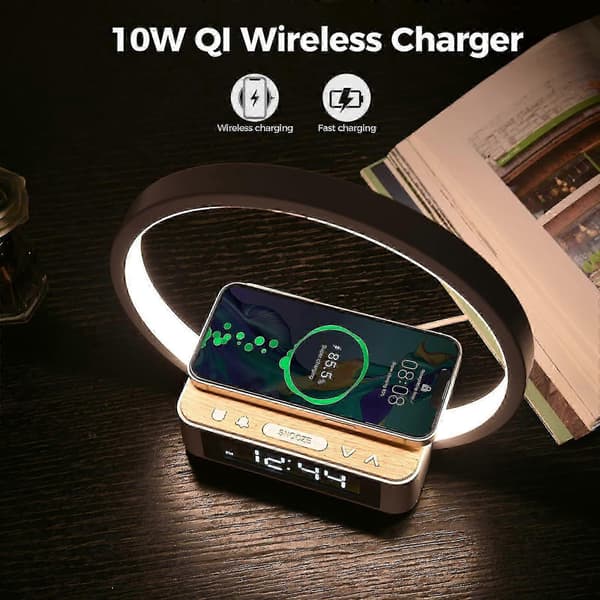 LED Bedside Lamp with Charging Function, Table Lamp Wake-up Light Alarm Clock Touch Control Dimmable, 5w Wireless Charger Table Lamp for Bedroom Living Room