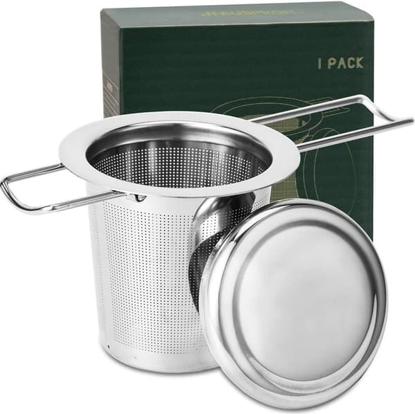 Teinfuser, 304 rustfrit stål te-si med låg og foldbart håndtag, tefilter til tekander kopper krus til brygning af løse blade, 1-pak