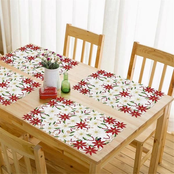 Sett med 6 bordbrikker broderte julestjerner & kristtorn-design, 28x43 cm juleborddekorasjon