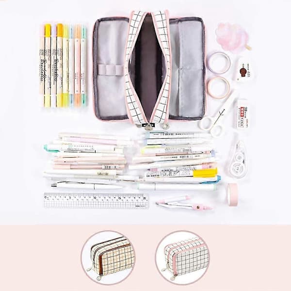 Homek Large Capacity Pencil Case, Linen Pencil Pouch, 3 Zipper Compartments, Makeup Pen Bag for Students, Girls 21*5*8.5 cm, Grid Pattern