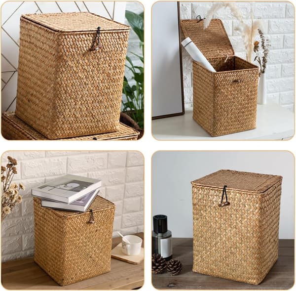 Khaki Straw Woven Storage Box with Lid, Multifunctional Desktop Organization Box for Small Items and Fruit