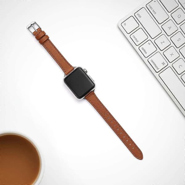 Leather Strap Compatible with Apple Watch 42mm 44mm 45mm 49mm, Slim Thin Leather Replacement Strap, for Women Men Brown&Silver