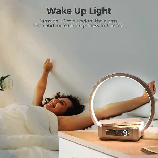 LED Bedside Lamp with Charging Function, Table Lamp Wake-up Light Alarm Clock Touch Control Dimmable, 5w Wireless Charger Table Lamp for Bedroom Living Room