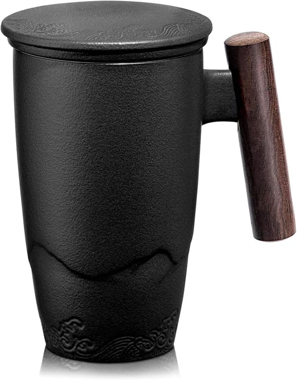 35 cl Keramisk tekop med filter og låg, tekopper med træhåndtag (sort)