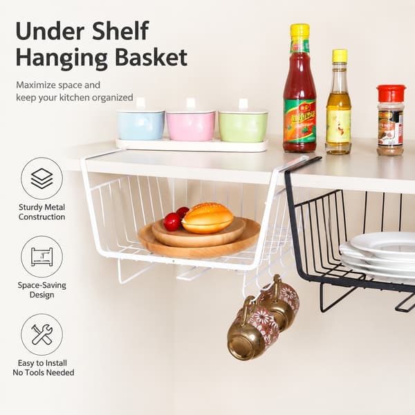 Under Cabinet Wire Basket, 5 Hooks, Paper Towel Holder, White, Kitchen Storage Organizer White